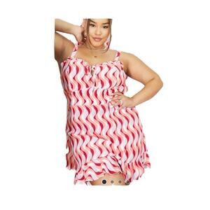 NWT Nobody's Child Pink & Orange Swirl Wavy Ruffle Tank Dress Retro Size 24